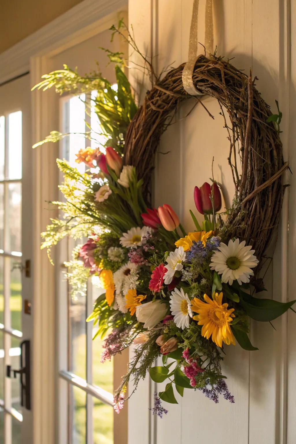 A springtime wreath overflowing with vitality and color.