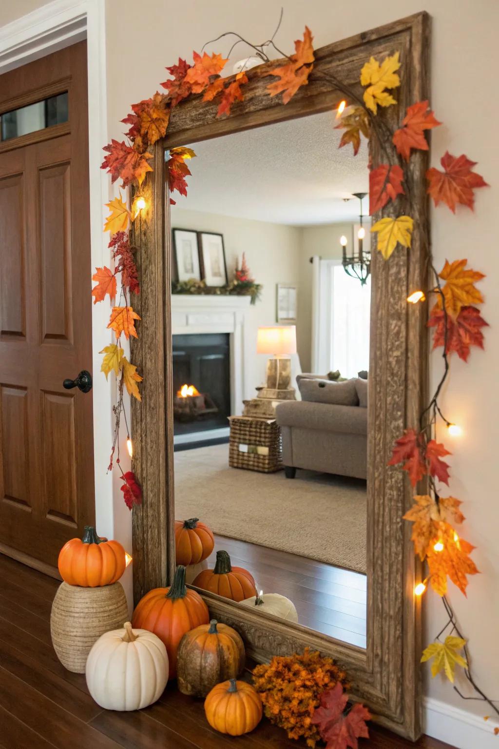 Seasonal decorations infuse warmth and appeal into your mirror.