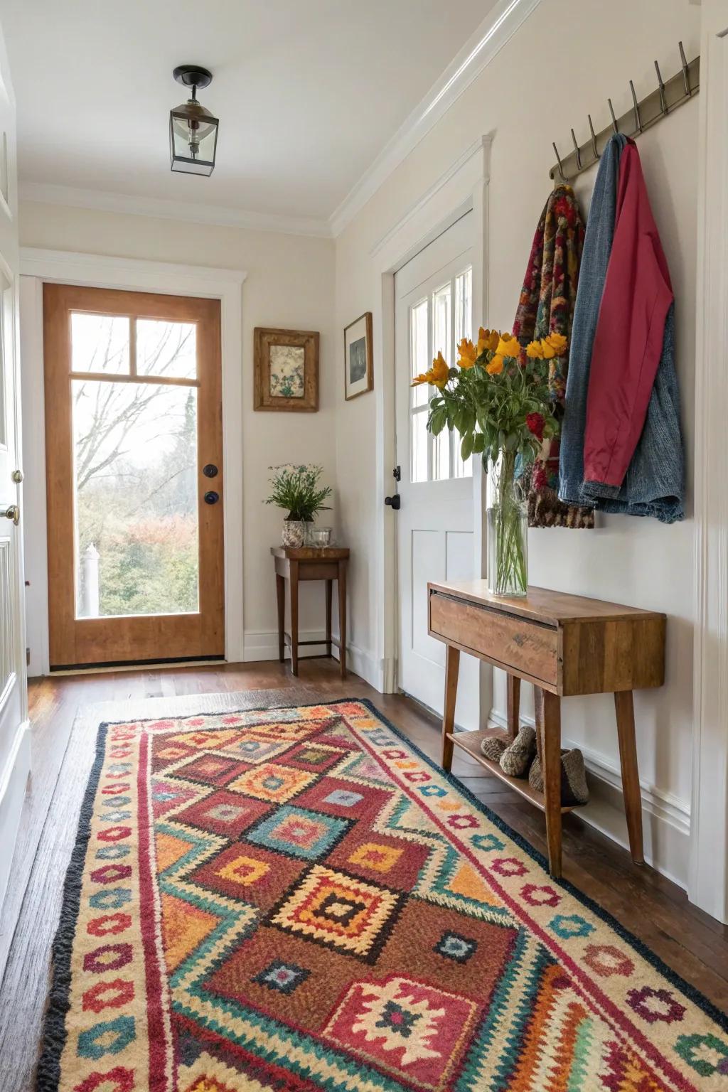 A bright rug introduces warmth and defines the entryway.