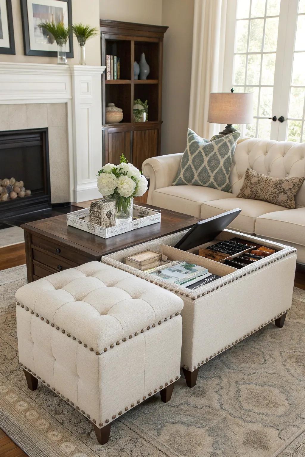 A practical yet stylish lounge with multi-use furnishings.