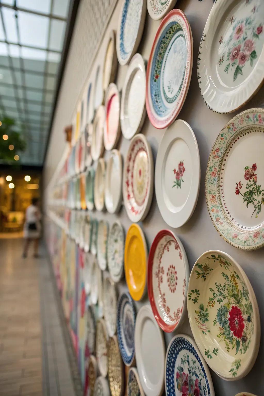 A captivating wall exhibit featuring assorted dishware plates set out in a creative design.