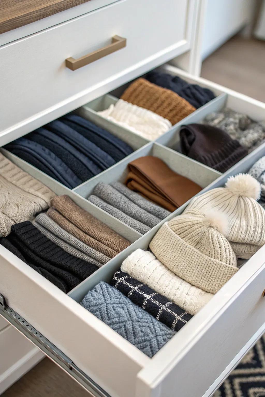 Grouped storage facilitates swift and straightforward retrieval of dresser drawer contents.