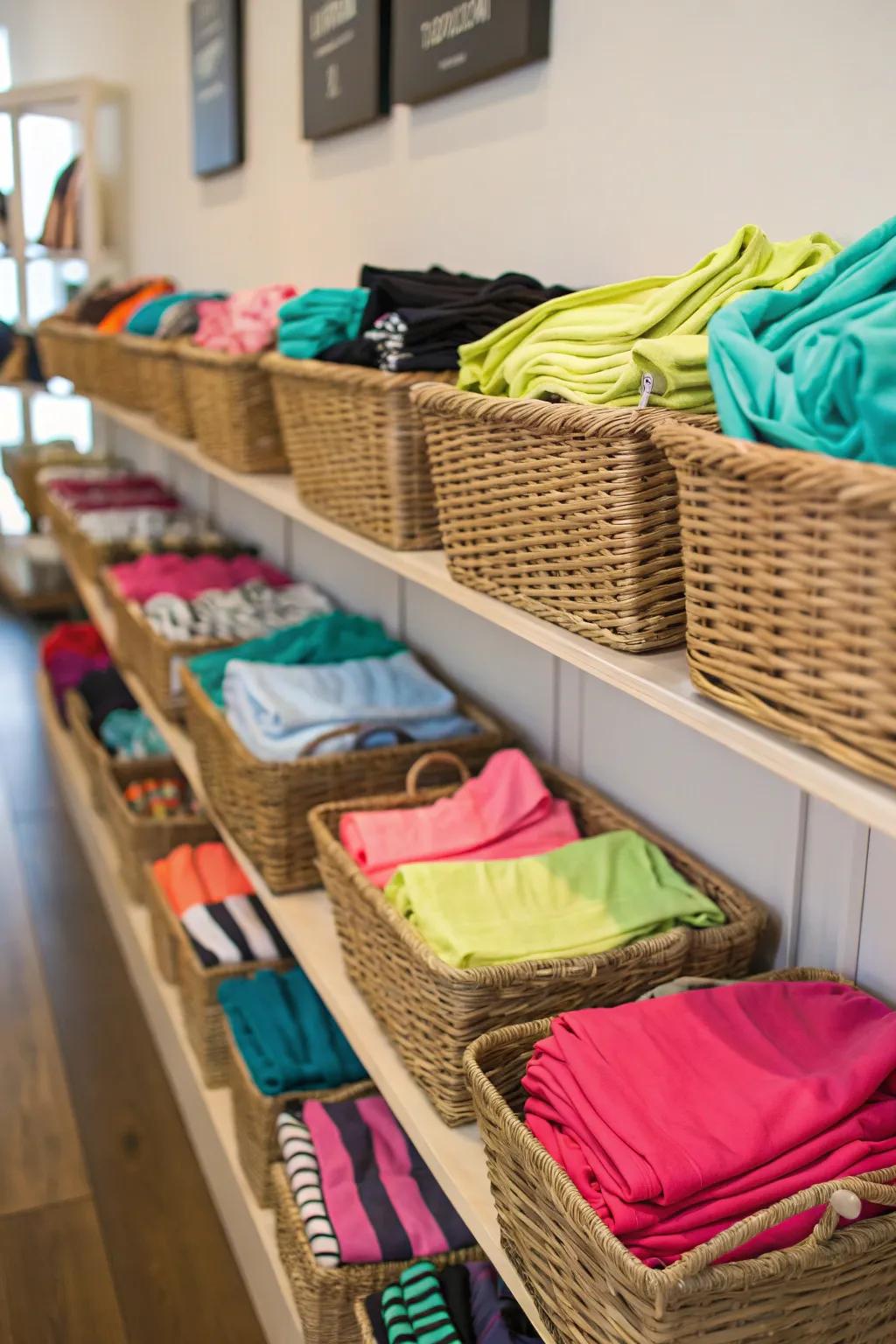 Shelves loaded with baskets full of slickly arranged workout clothes.