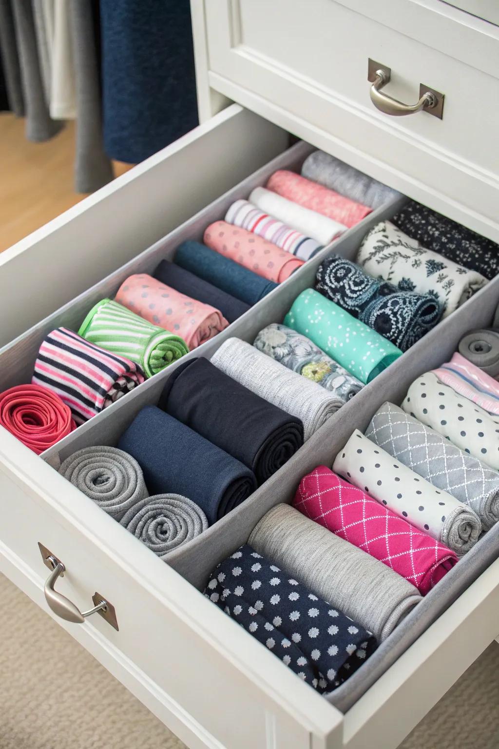 Coil and stow your leggings in drawers for a space-efficient solution.