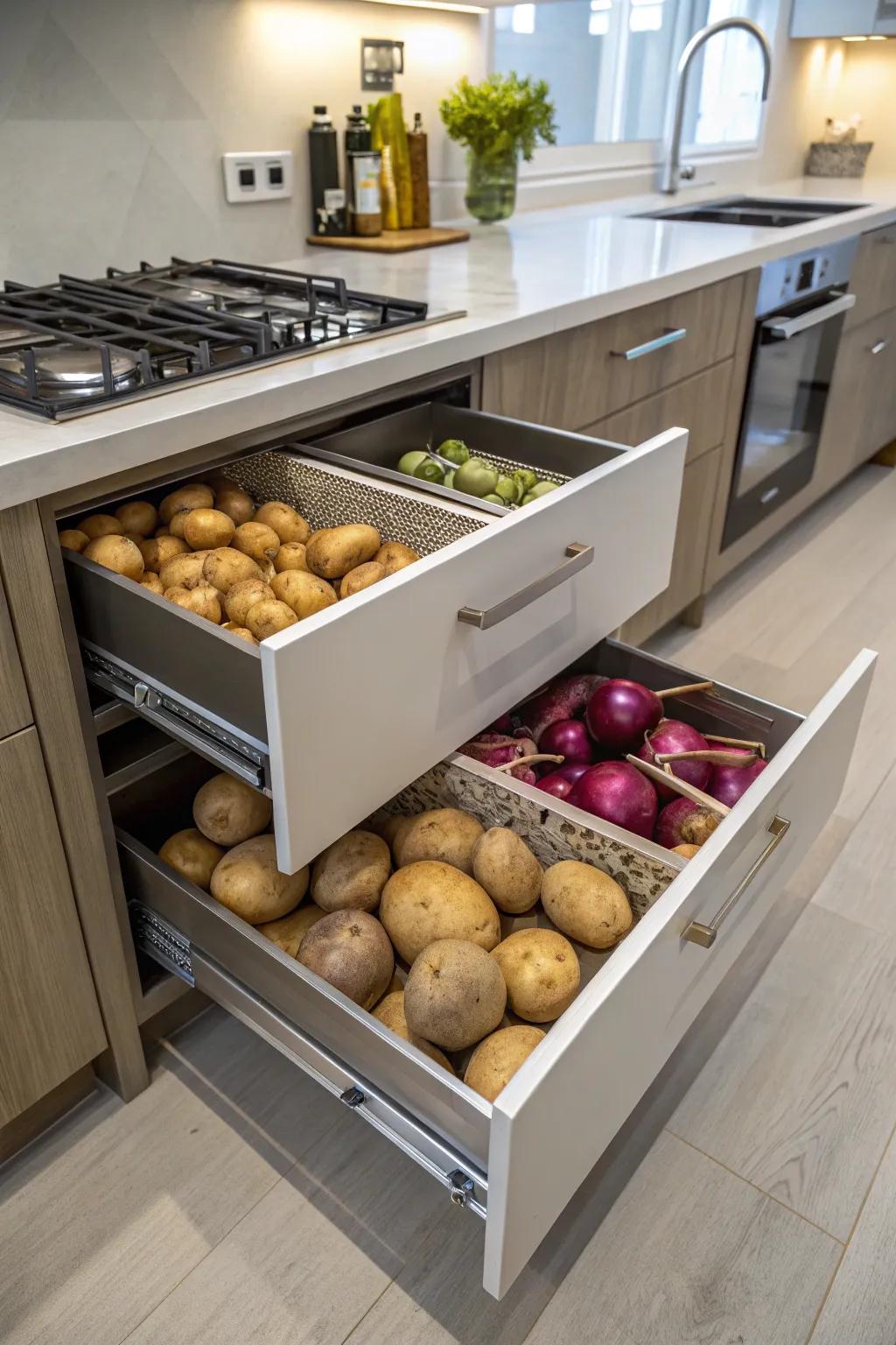 Slide-out shelves provide a space-efficient strategy for storing essential kitchen items.