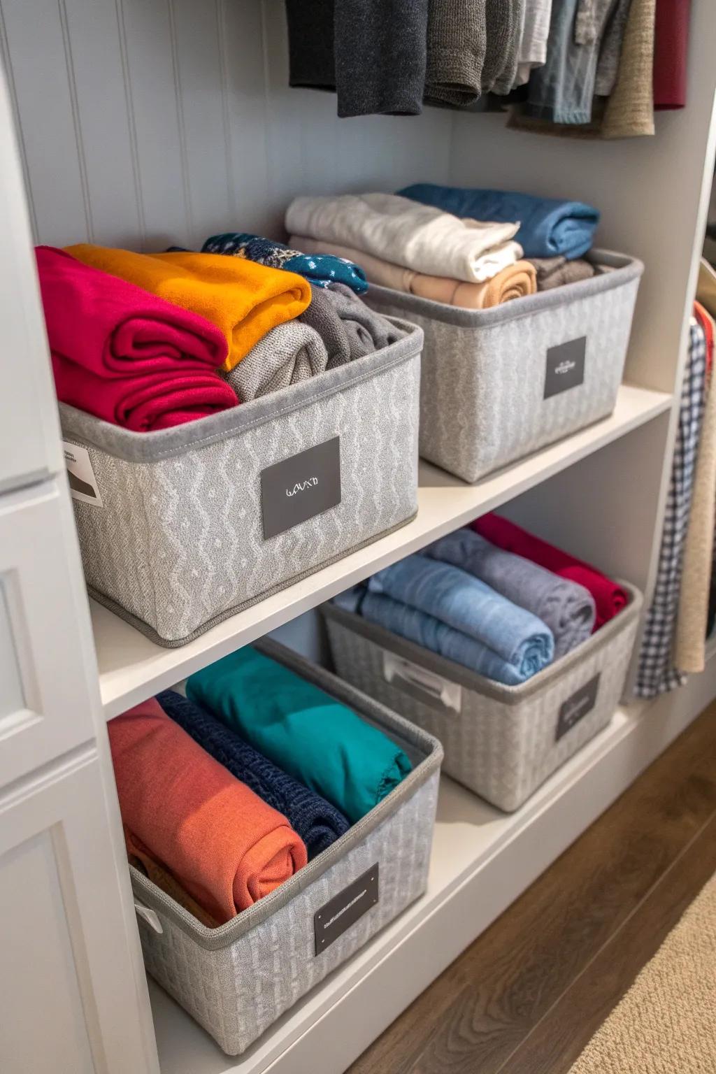 Use labeled totes to keep sweatshirts sorted.