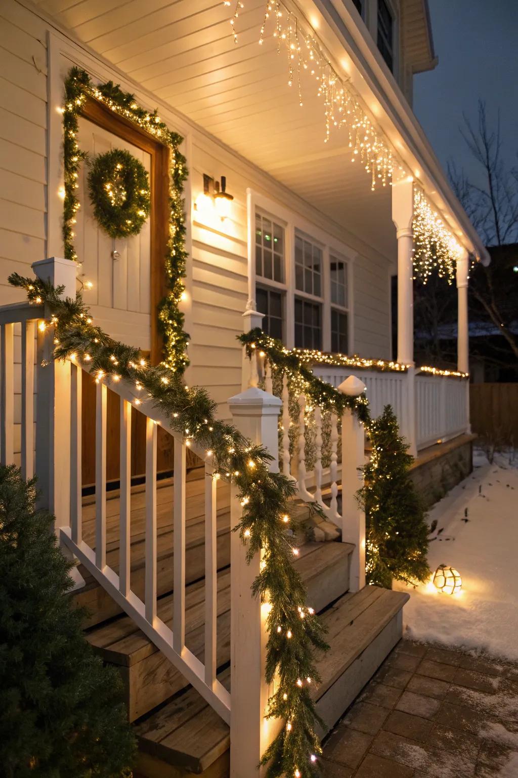 A porch decorated with garland and glimmer strands, ideal for holiday gatherings.