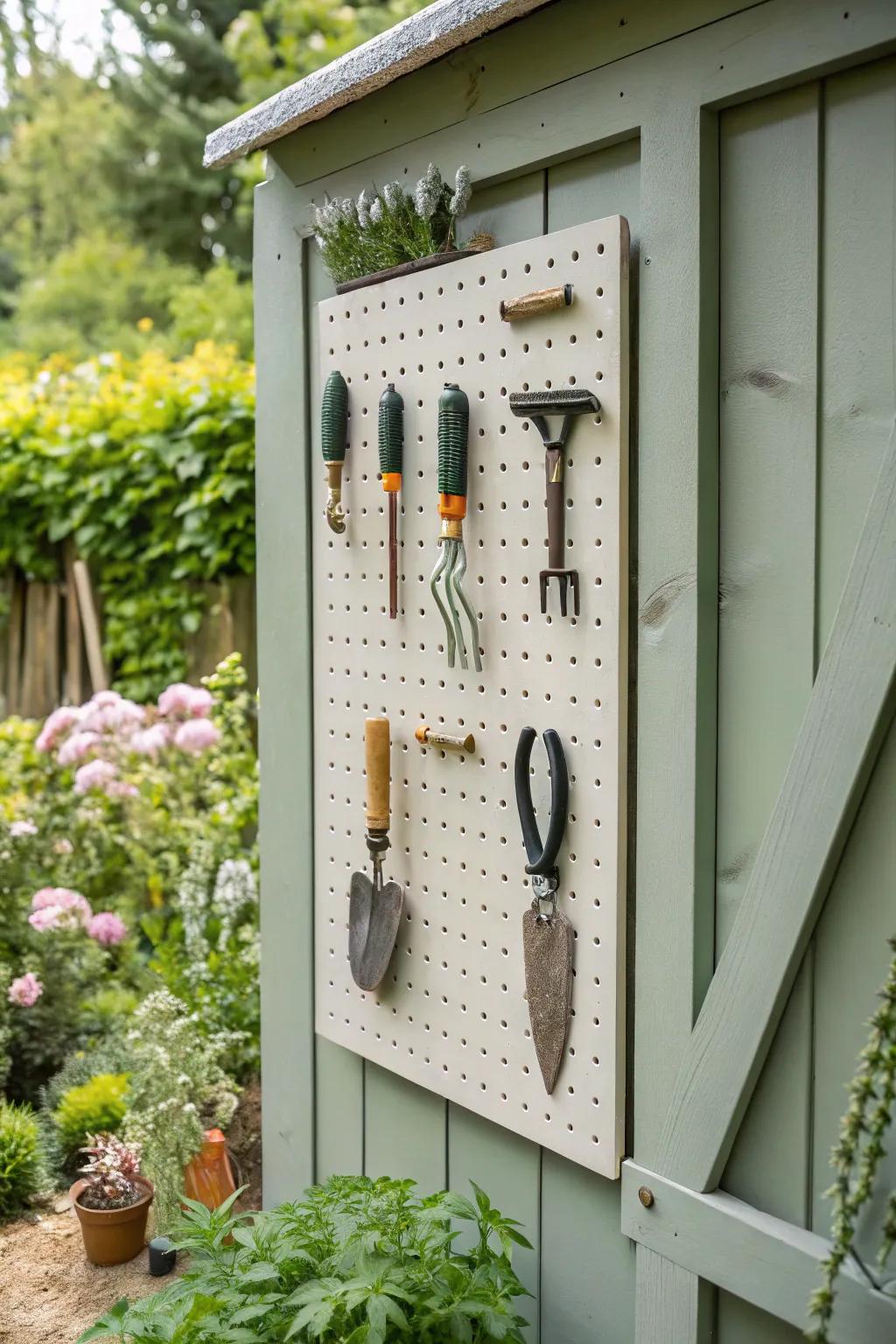 A pegboard makes tool storage adjustable and accessible.