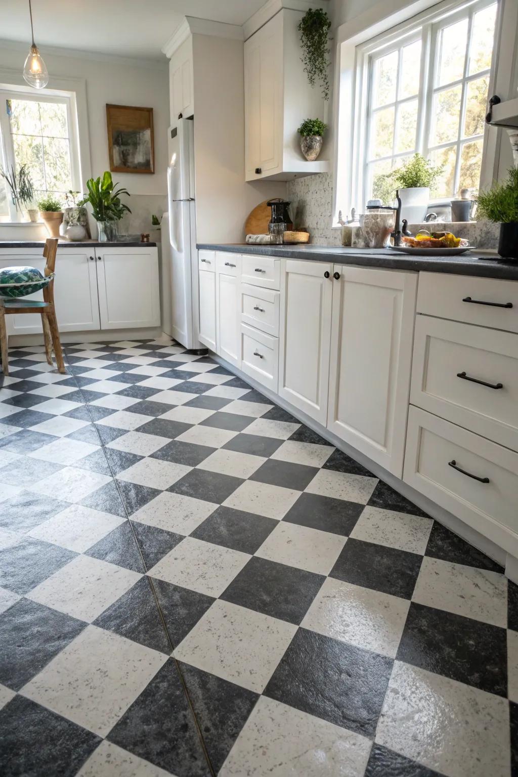 A timeless pattern imbues this modern kitchen with a vintage flair.