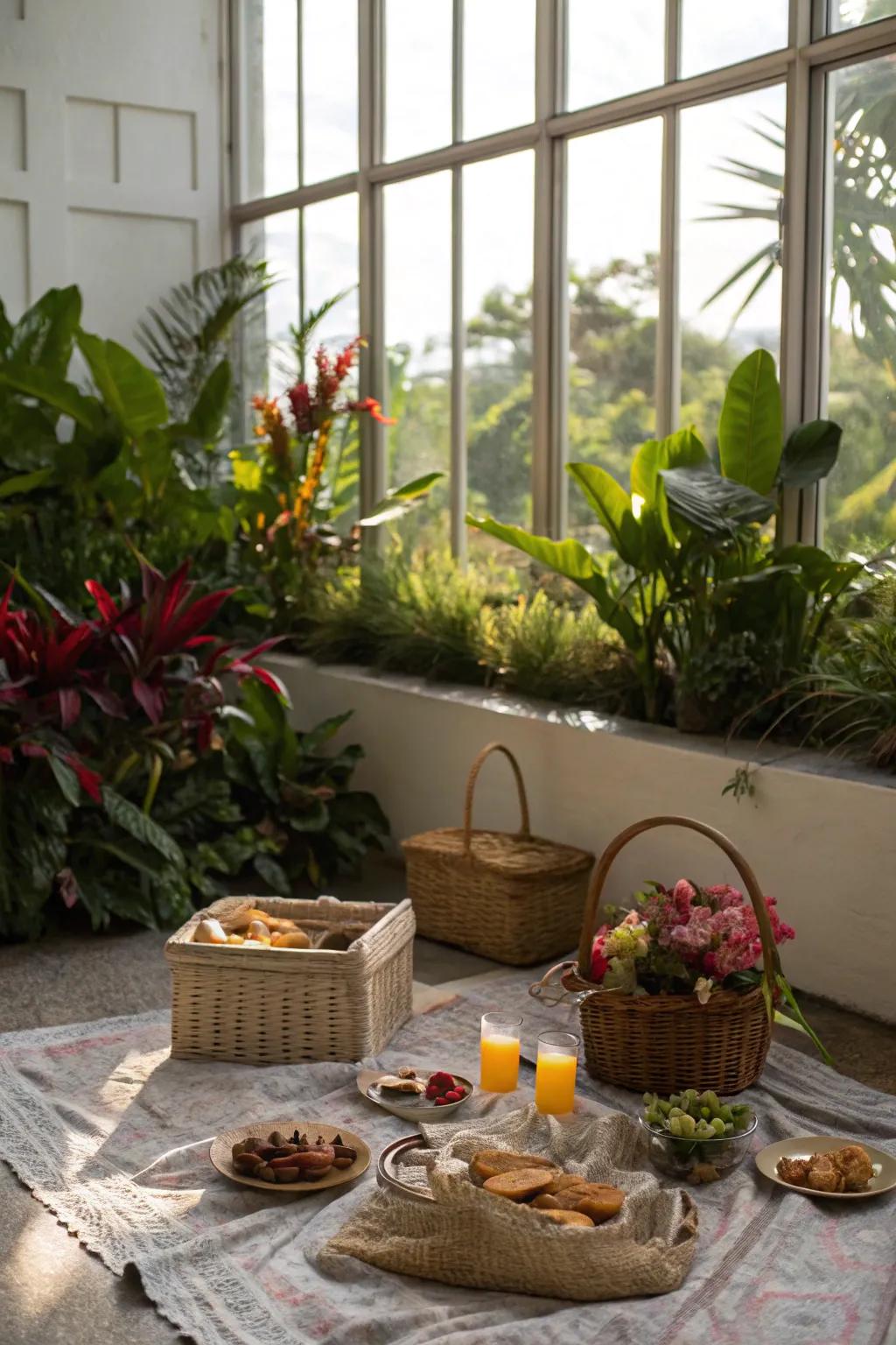 A scenic window view with houseplants enhances the picnic experience.