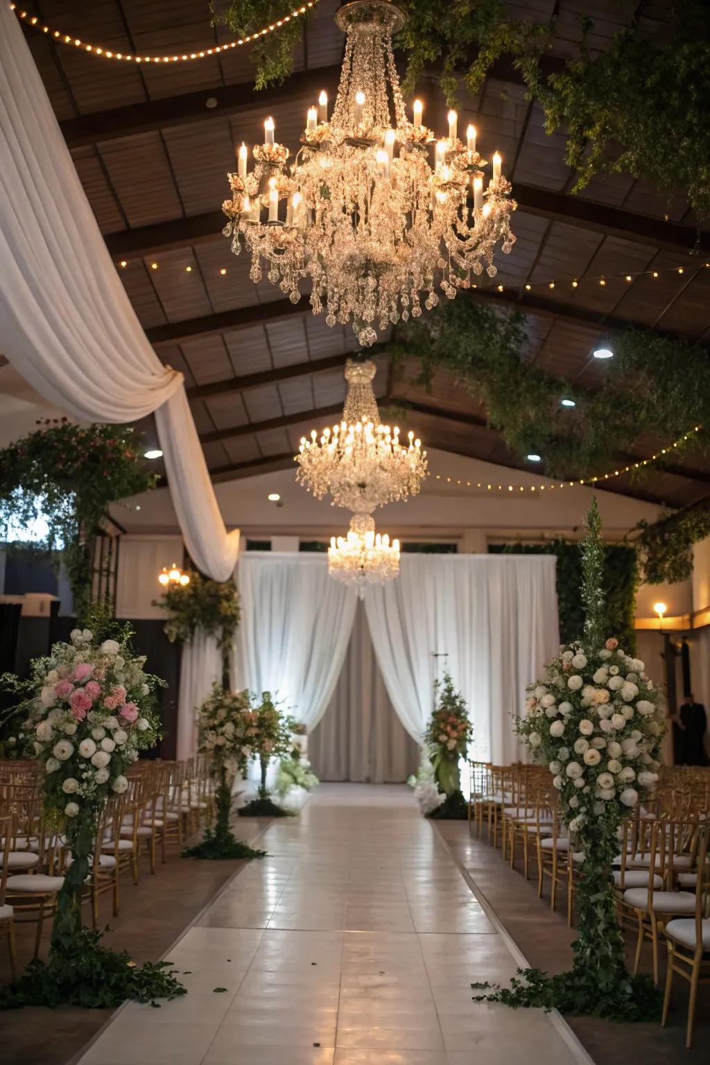 Chandeliers adding a stylish touch to the wedding decorations.