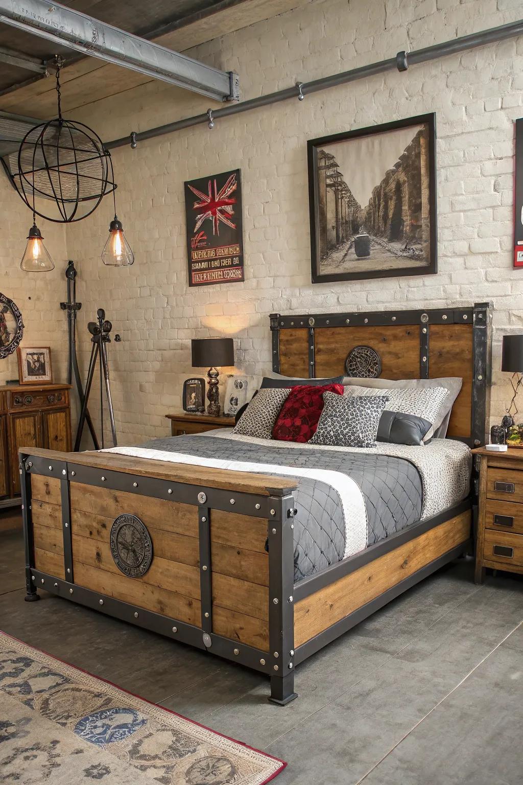 Timber and steel furnishings establish a well-proportioned appearance in this industrial setting.
