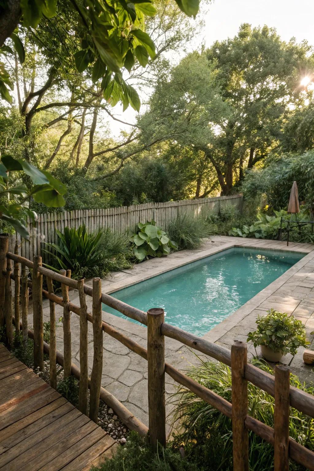 Timber surrounds contribute a raw, countryside impression to pool locations.