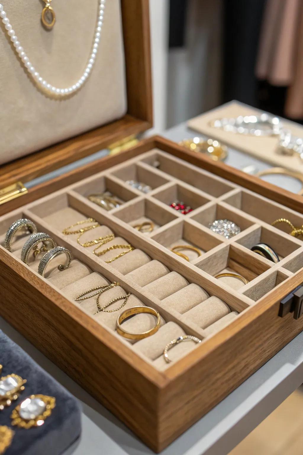 Well-kept and neatly organized jewelry drawer