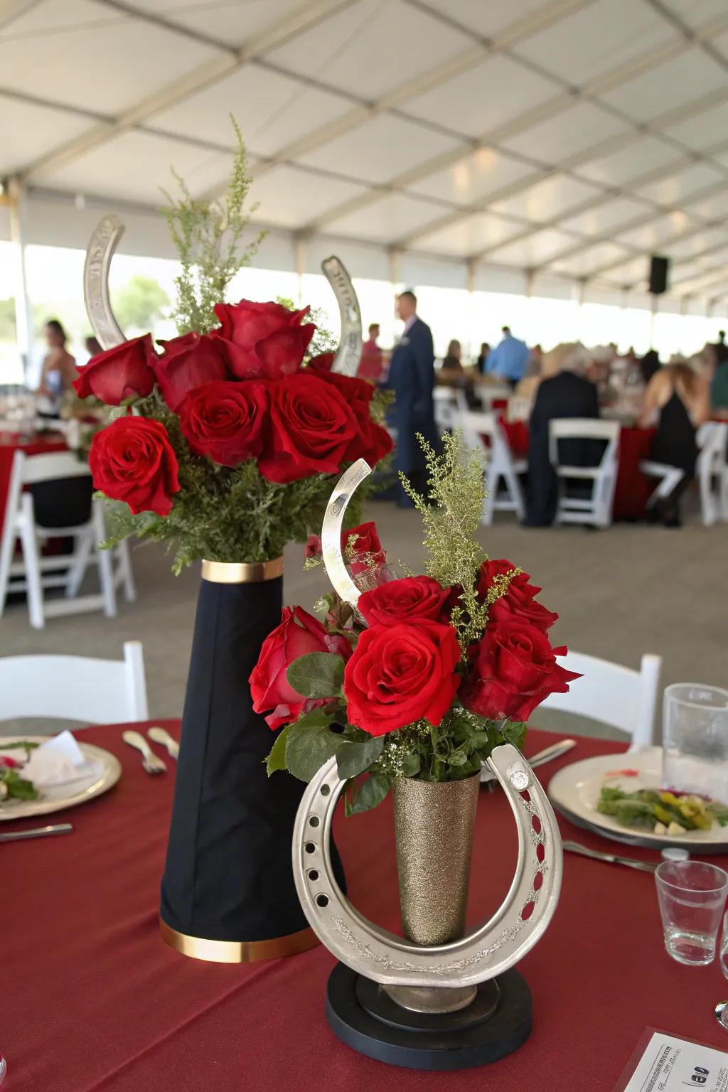 An enchanting lucky metal charm and blossom centerpiece ideal for a Run for the Roses gathering.