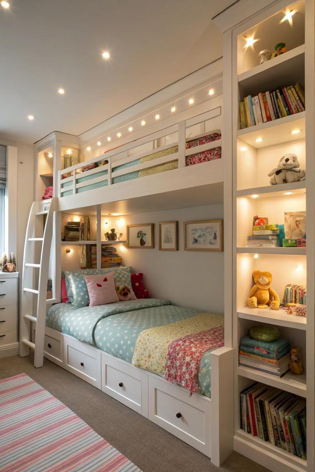 Tiered bunks that proficiently harness space within joint children's quarters.
