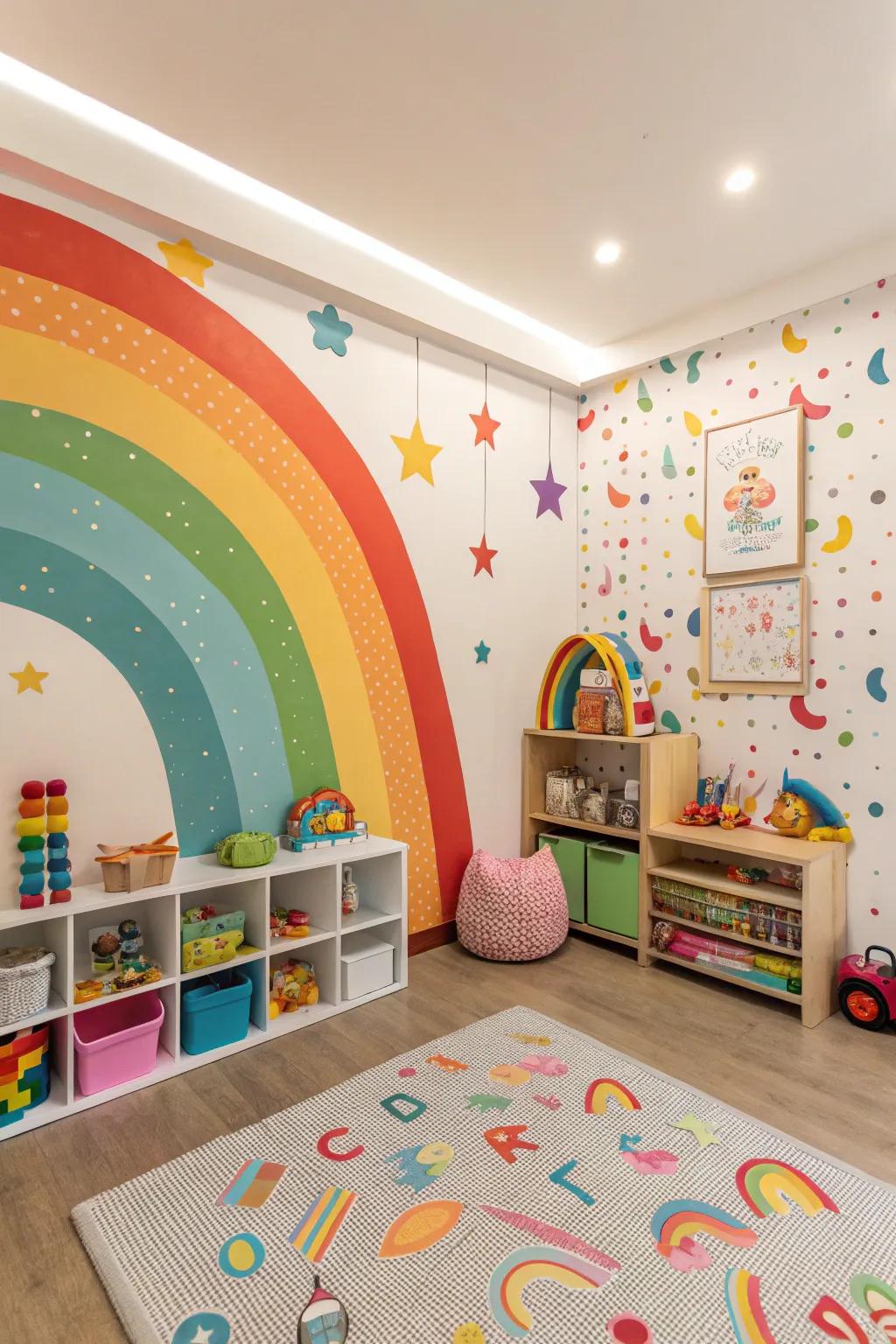 An energetic playroom featuring rainbow-colored decor, ideal for sparking joy and creativity.