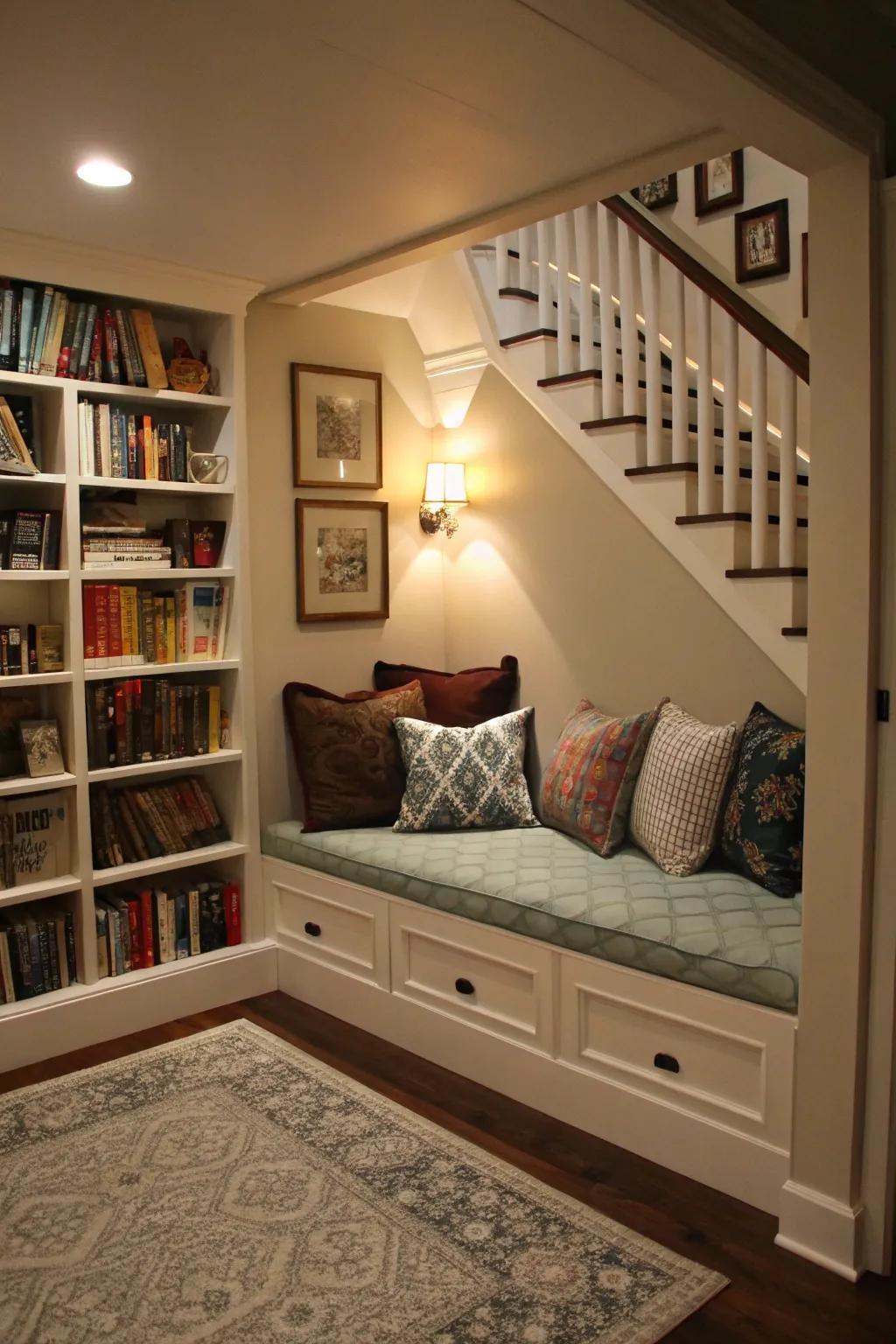 A comfortable beneath-the-steps reading corner, suited for secret reading adventures.