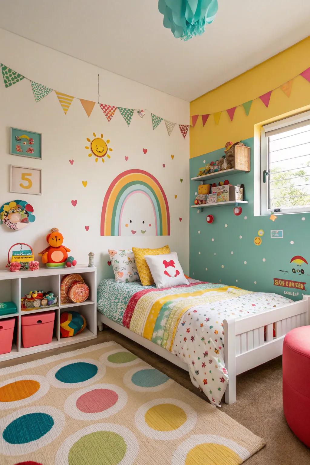 Bright shades breathe life into this cheerful kids' room design.