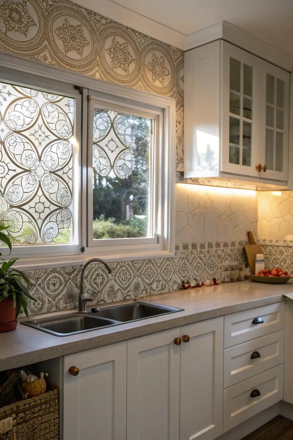 Patterned glass backsplash windows provide both privacy and artistic elegance in the kitchen setting.