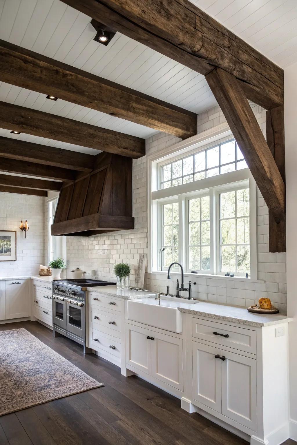 Deep-toned beams set against bright interiors present a stunning visual contrast.