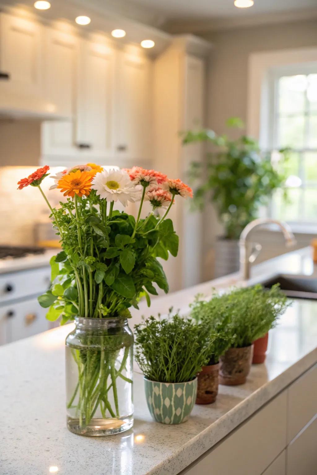 Greenery and blooms bringing vibrancy to the kitchen.