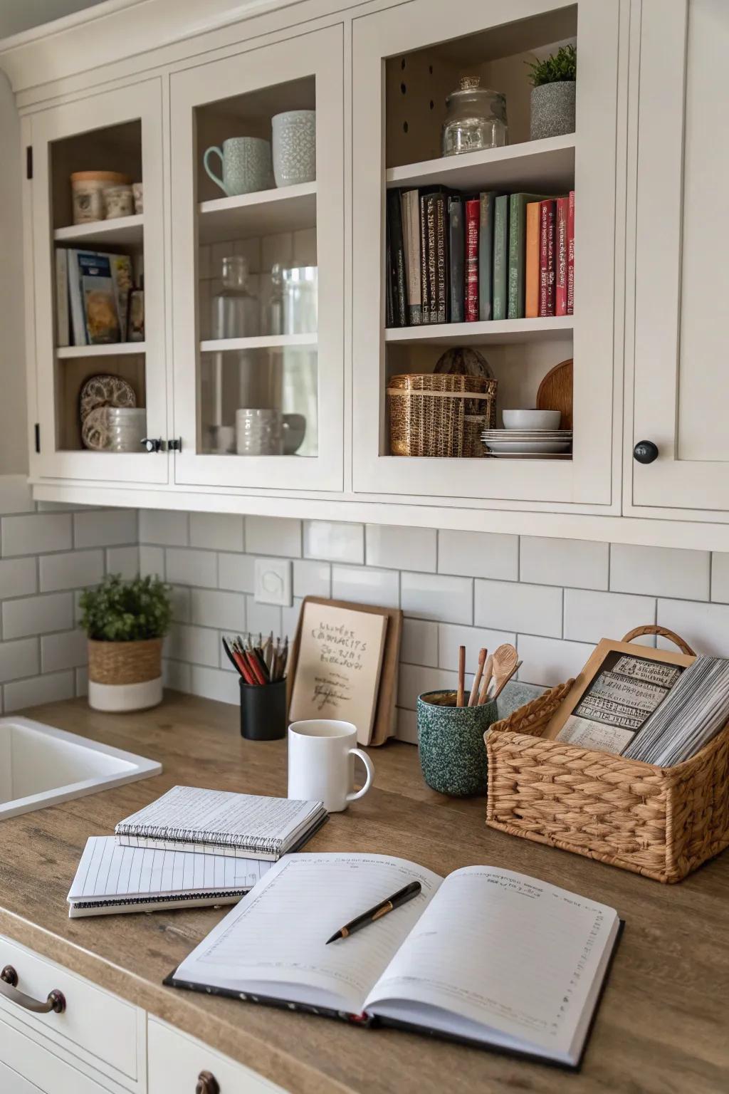 A kitchen desk showcasing innovative storage solutions through display shelves and orderly cabinets.