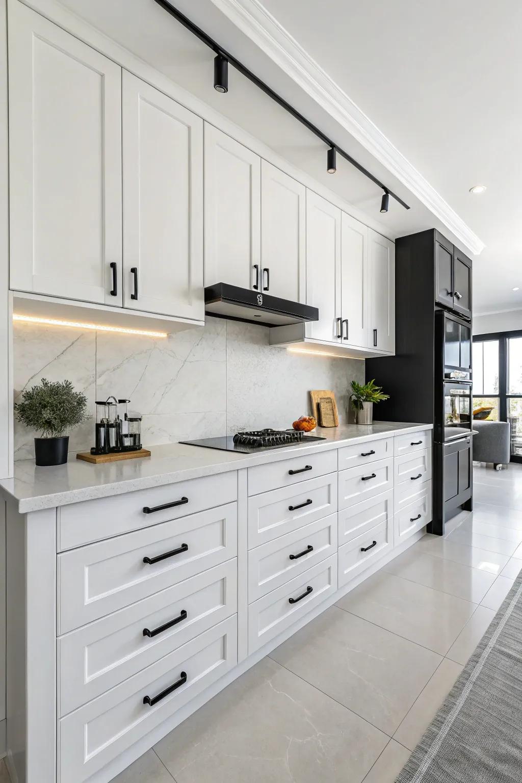 A contemporary kitchen highlighting a stunning contrast with flat ebony fittings.