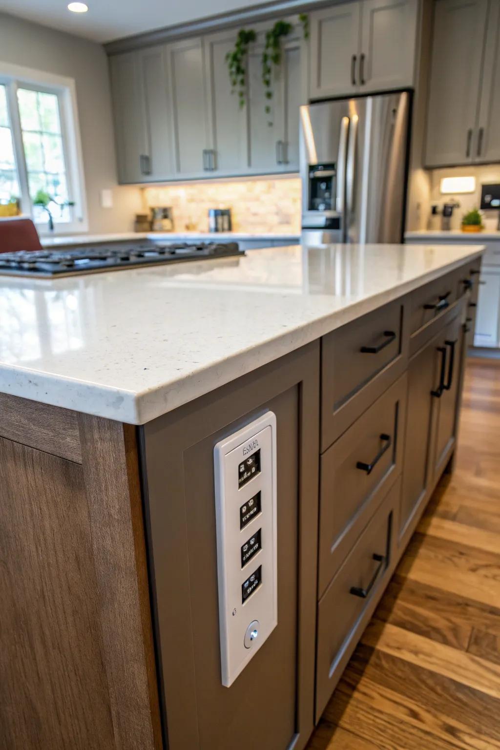 Edge-fitted connectors offer simple access for kitchen gadgets.
