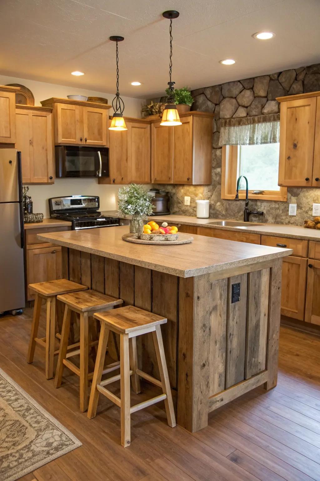 Rustic kitchen island showcasing an appealing raw timber surface.