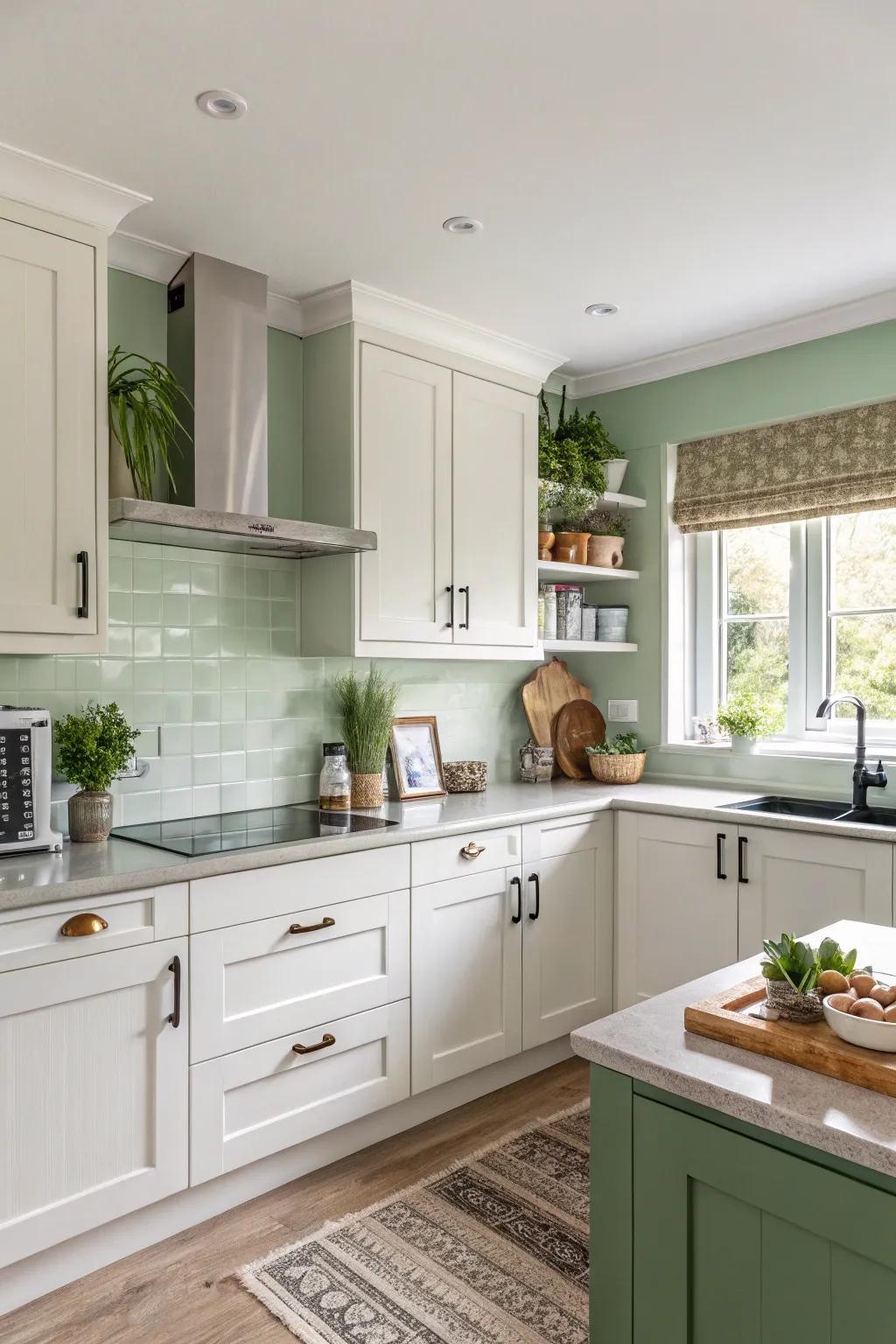 Woodland green walls enrich a natural and relaxing cooking area setting.