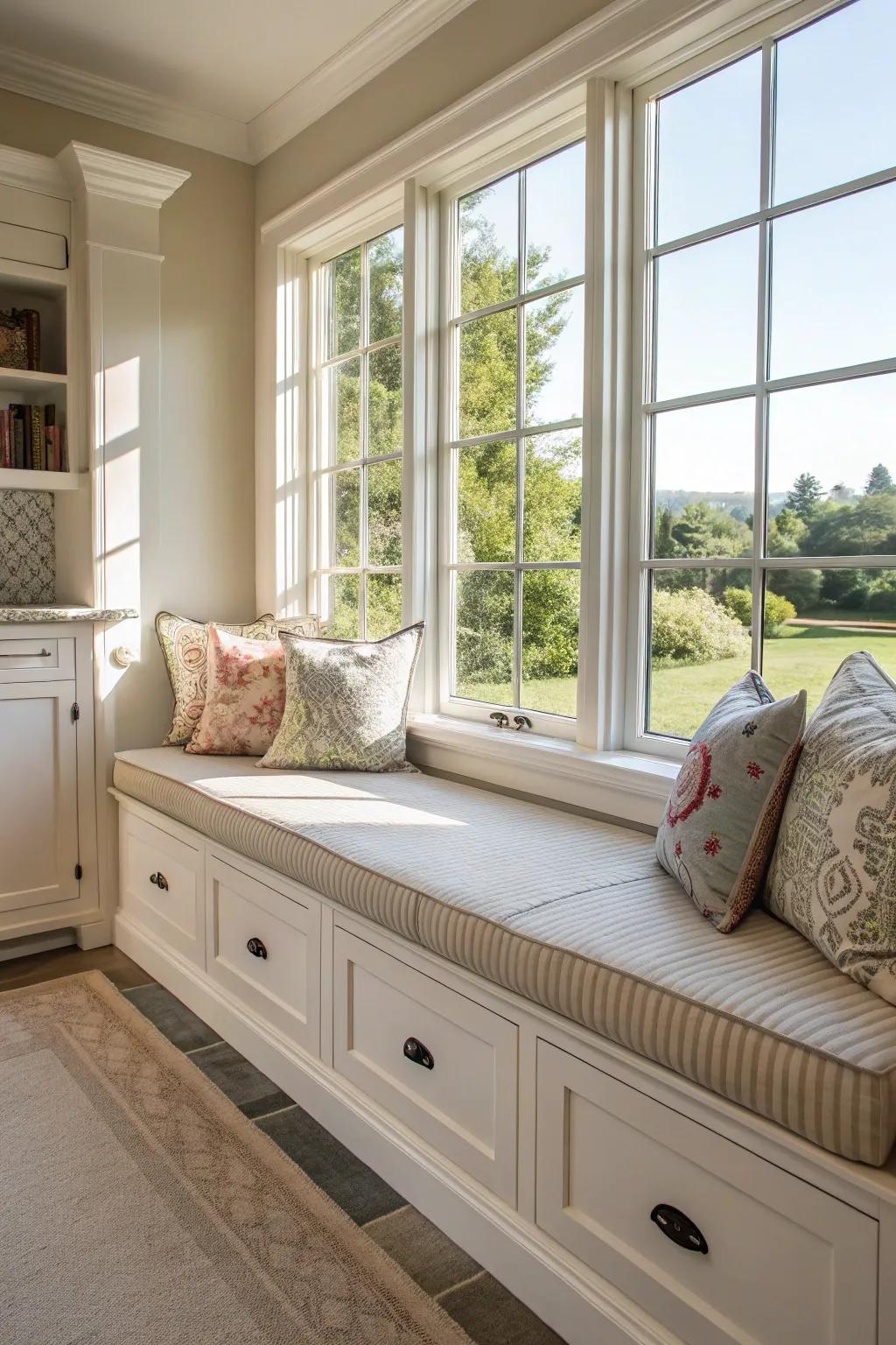 Window seating provides a bright escape with extra storage.