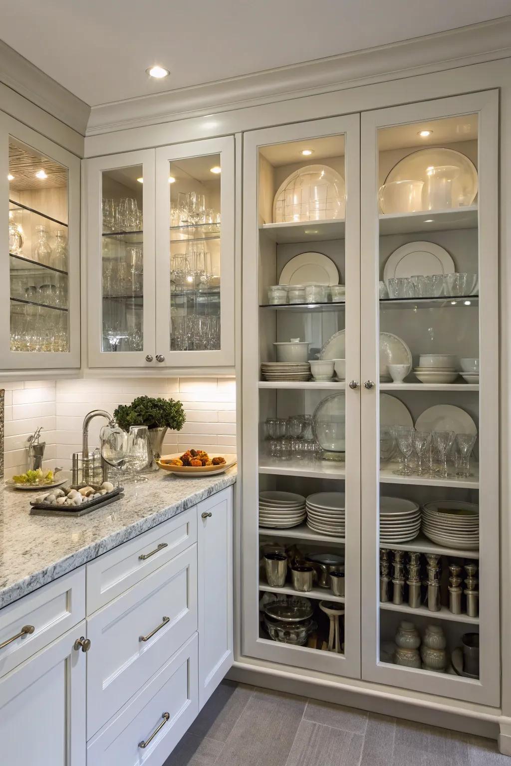 Glass-front cabinets gracefully displaying dishware.