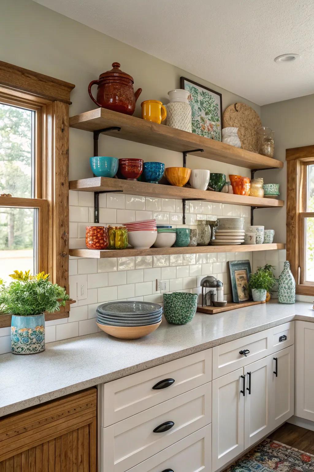 Open shelves in the soffit zone displaying stylish kitchenware.