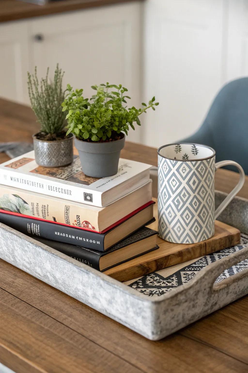 Cookbooks placed on a tray display passion and style for cooking.