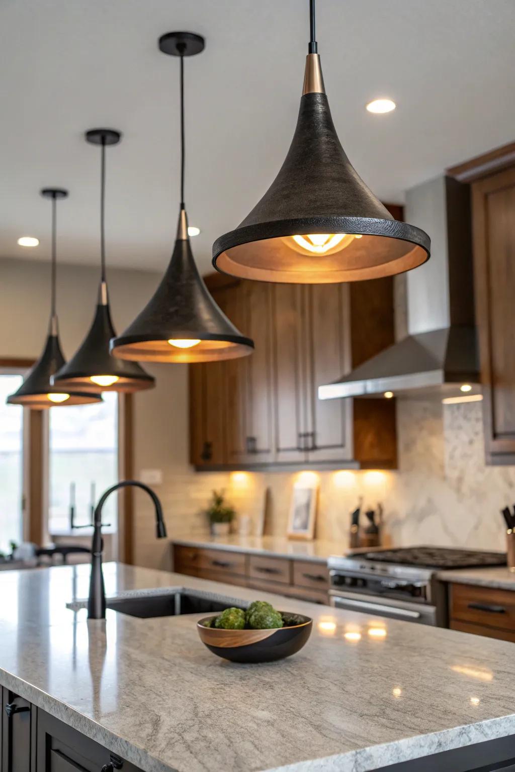 Hanging lighting enhances both design and utility to the cooking area.