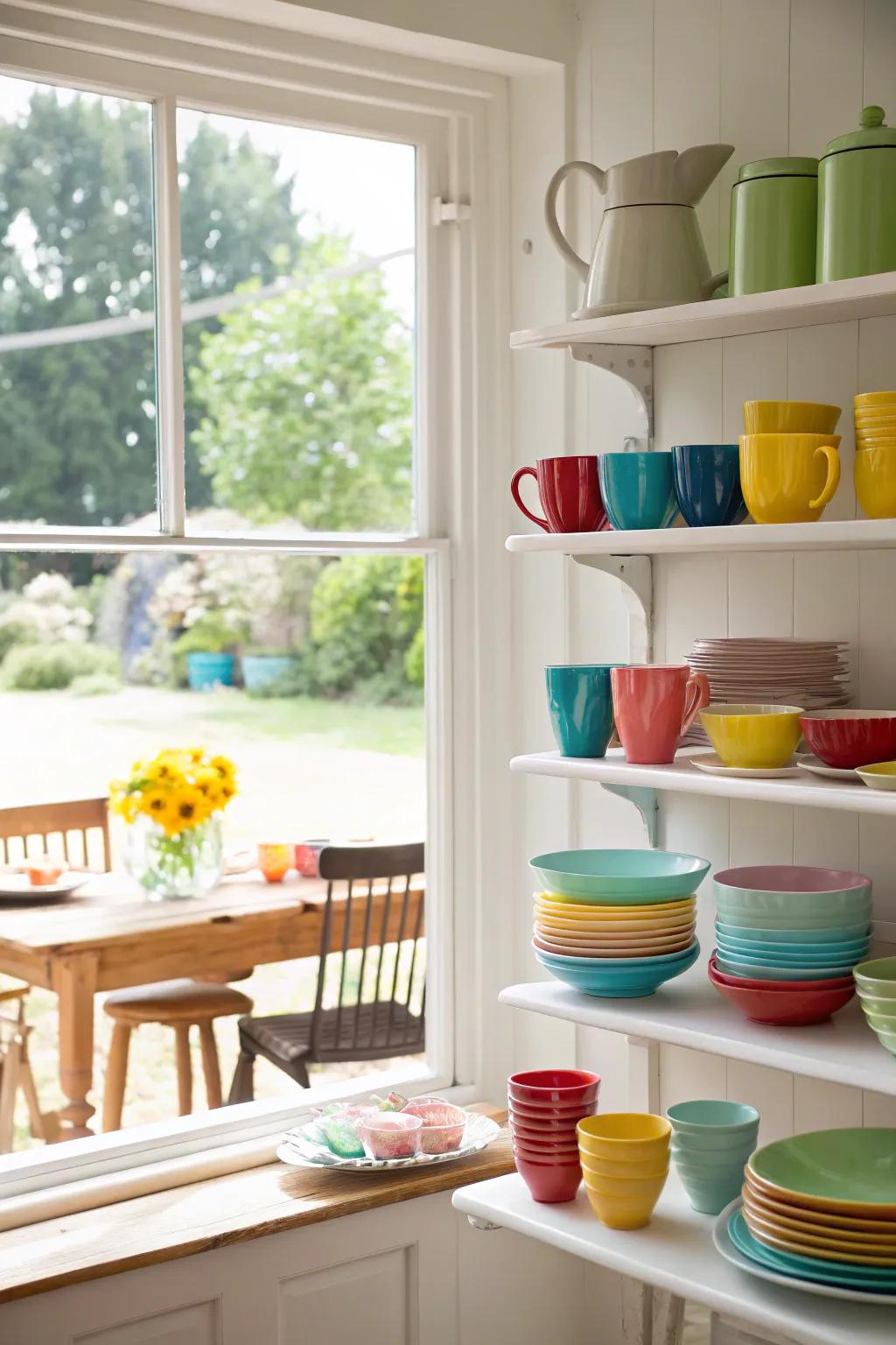 Colorful dishware exhibited on kitchen window shelves, contributing personality to the area.