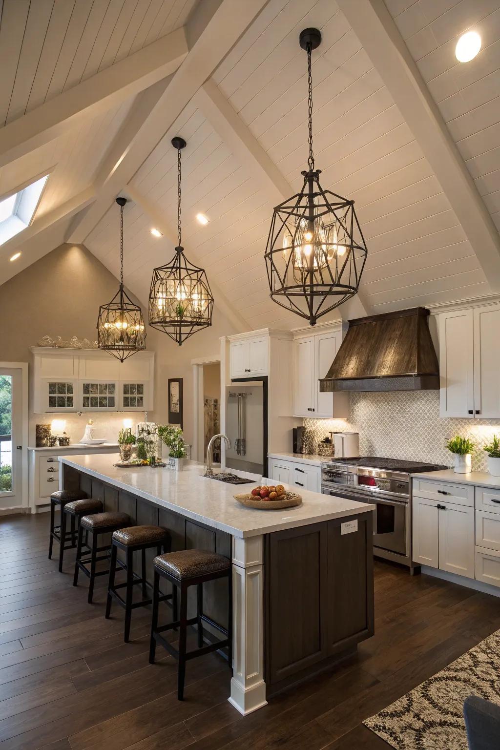 Refined drop lights introduce a chic centerpiece in this modern kitchen with a vaulted ceiling.