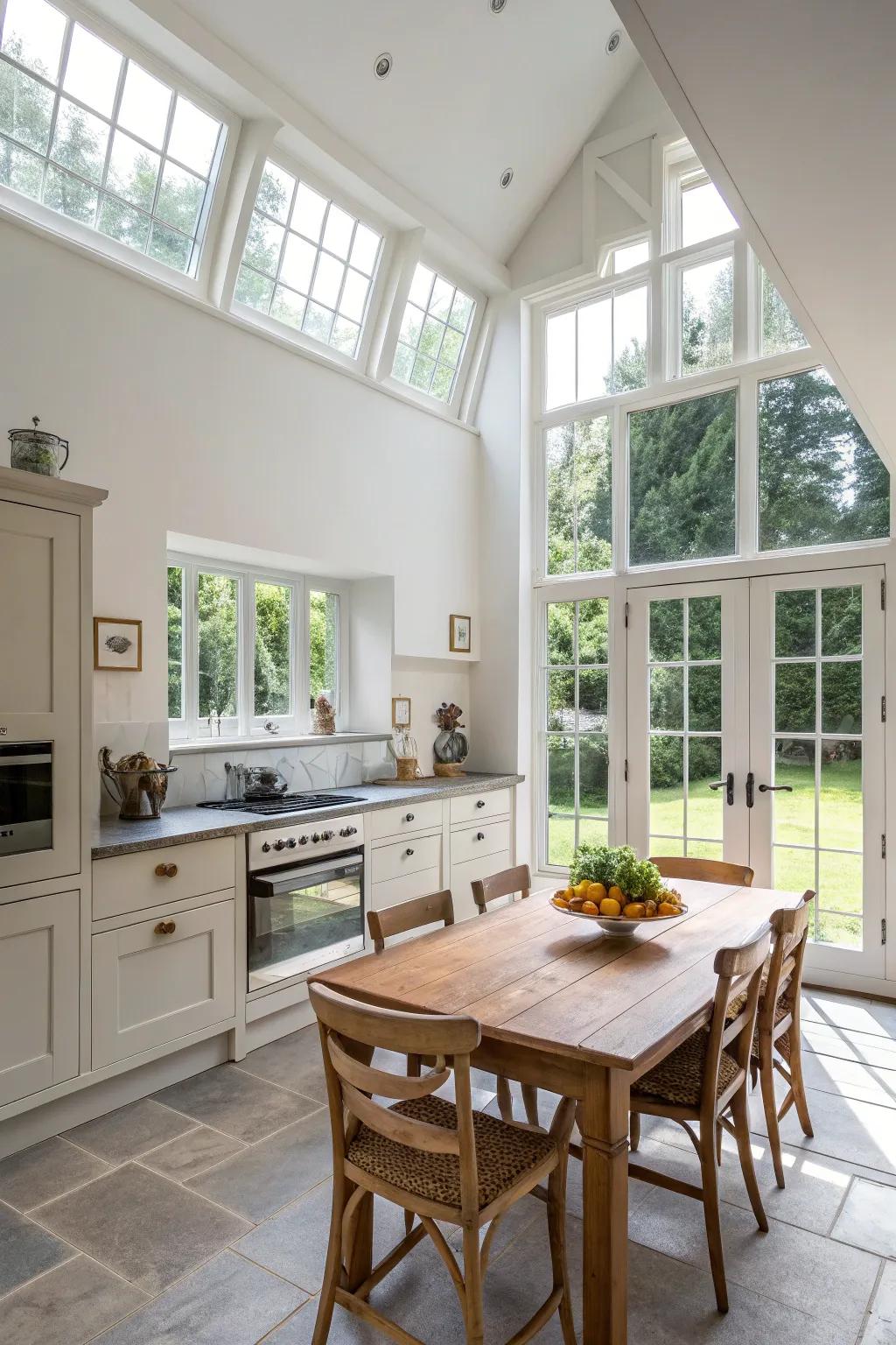 Daylight flows inside this peak ceiling kitchen, building a breezy vibe.