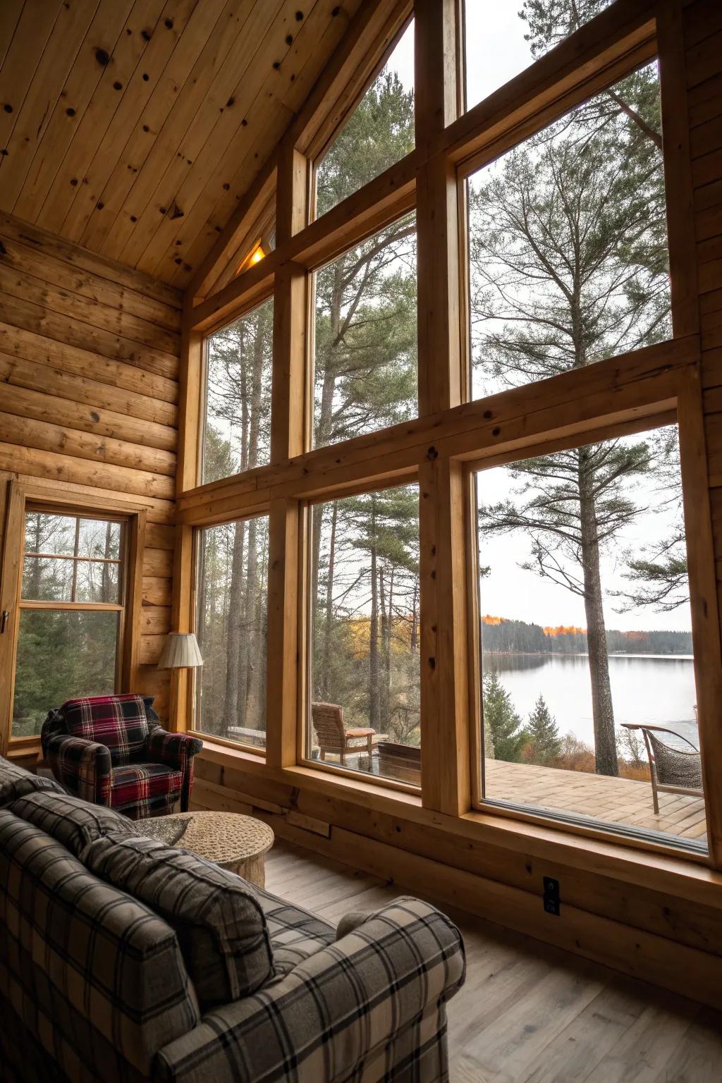 Open-concept cabin interior featuring expansive windows and pine paneling.