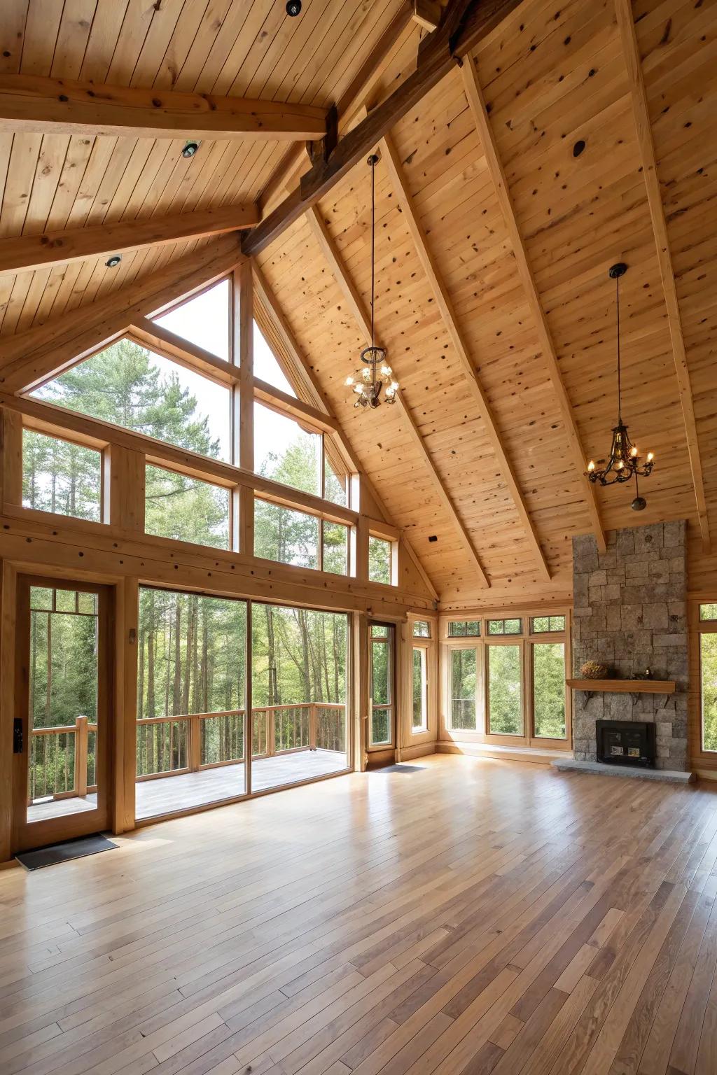 An expansive room with a grand high ceiling made of wood-clad.