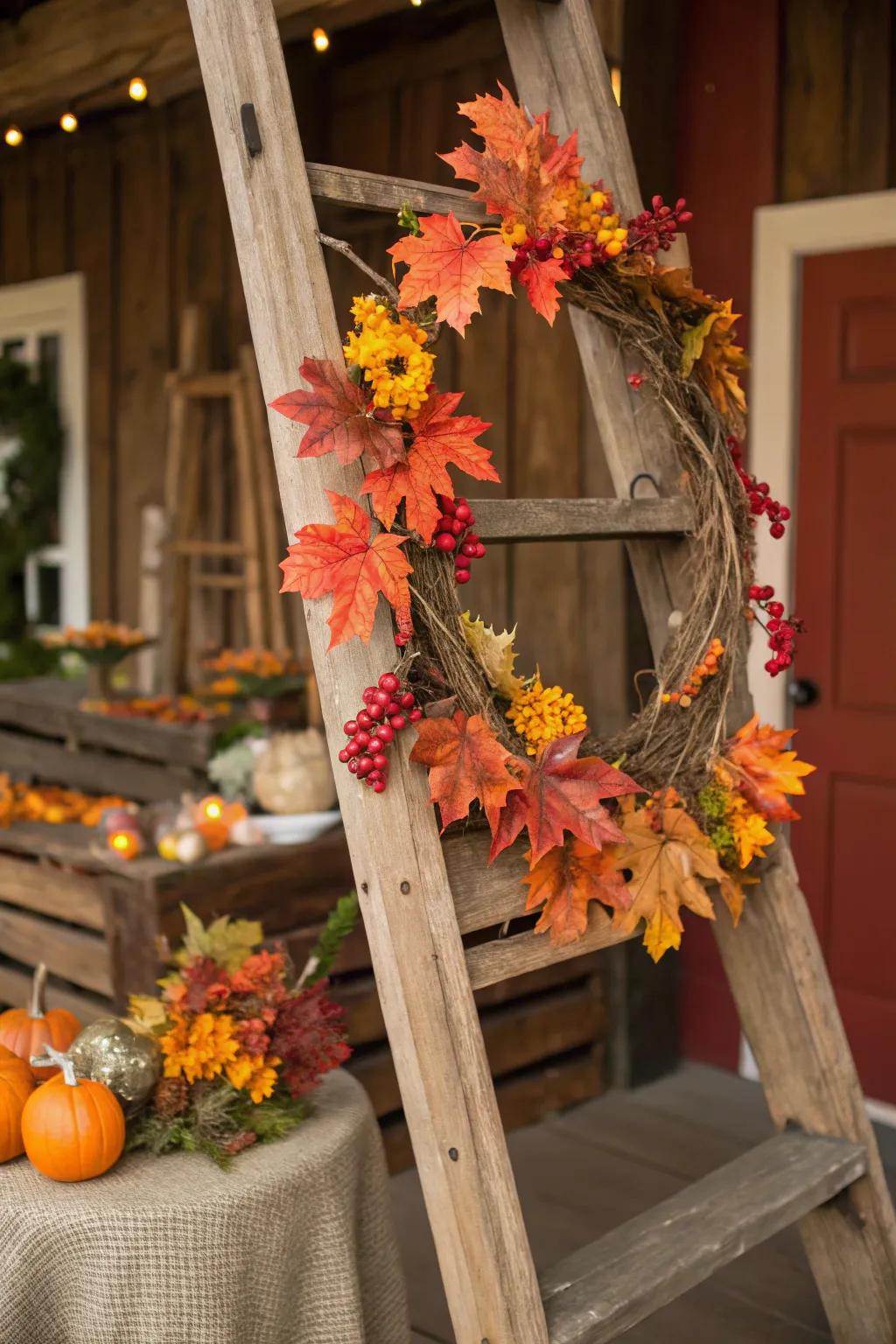 Seasonal adornments upon a ladder heighten the celebratory atmosphere.