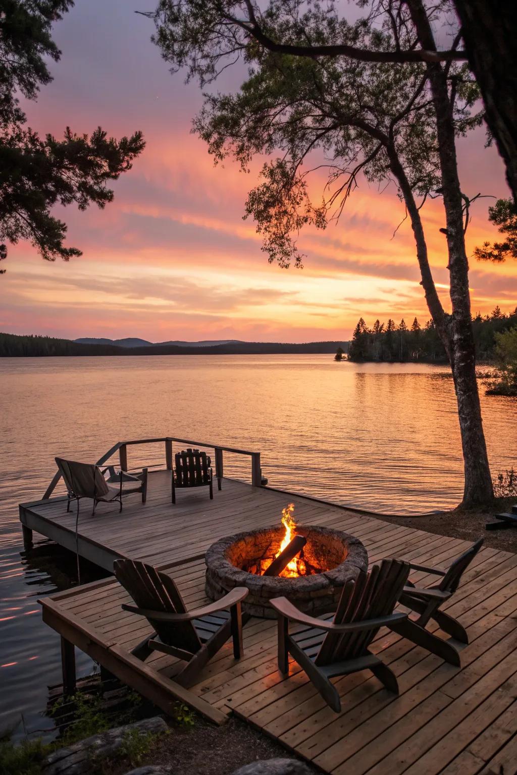 A fire pit on the dock offers a singular and tranquil lakeside experience.