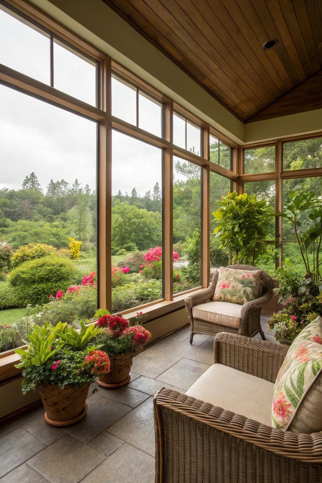 Natural light floods into this lanai, highlighting the greenery outside.