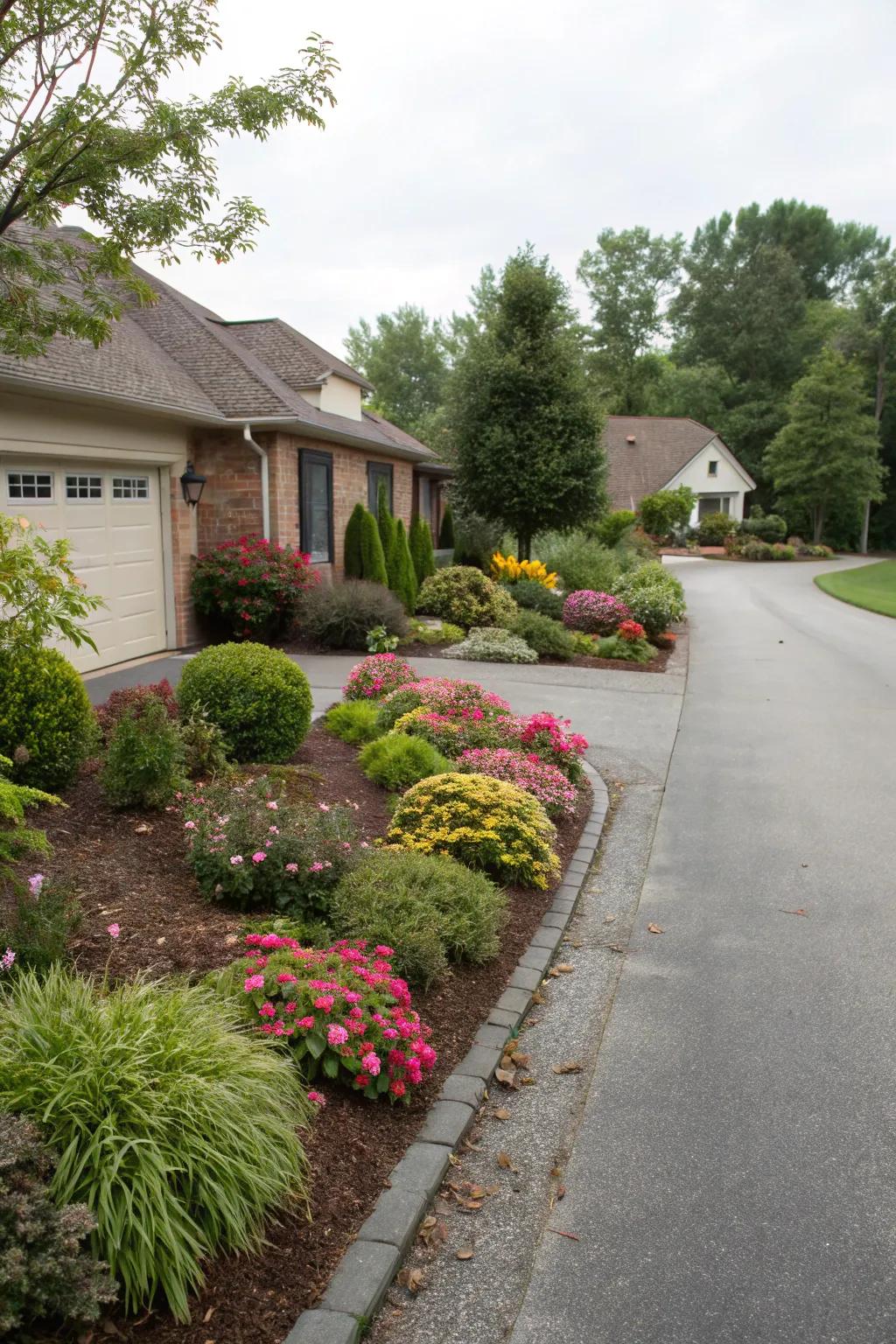 Mulched planting beds impart a polished effect to any driveway.