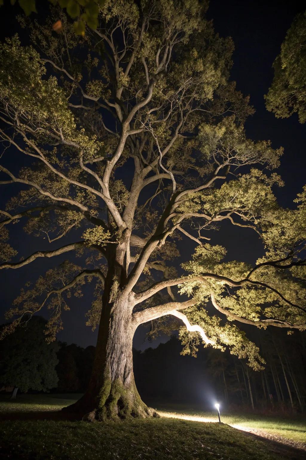 Tall lights convert trees into breathtaking nocturnal sculptures.