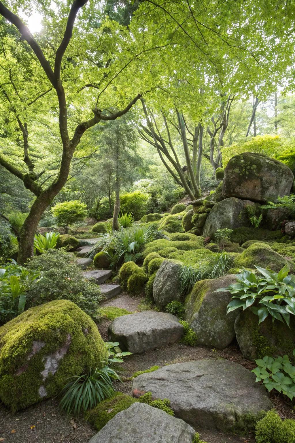 A beautifully composed rock garden in the woods.