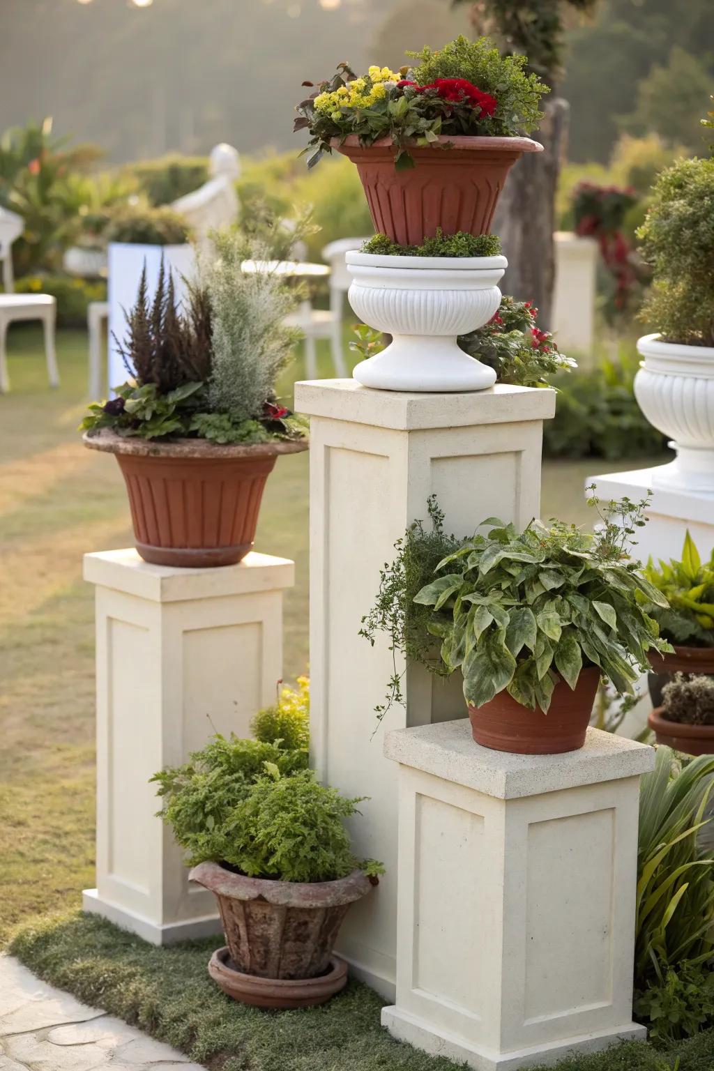 Enhance your garden's appeal with layered pot setups.