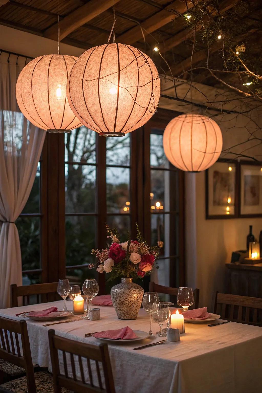 Overhead lanterns establish a romantic setting for dining.