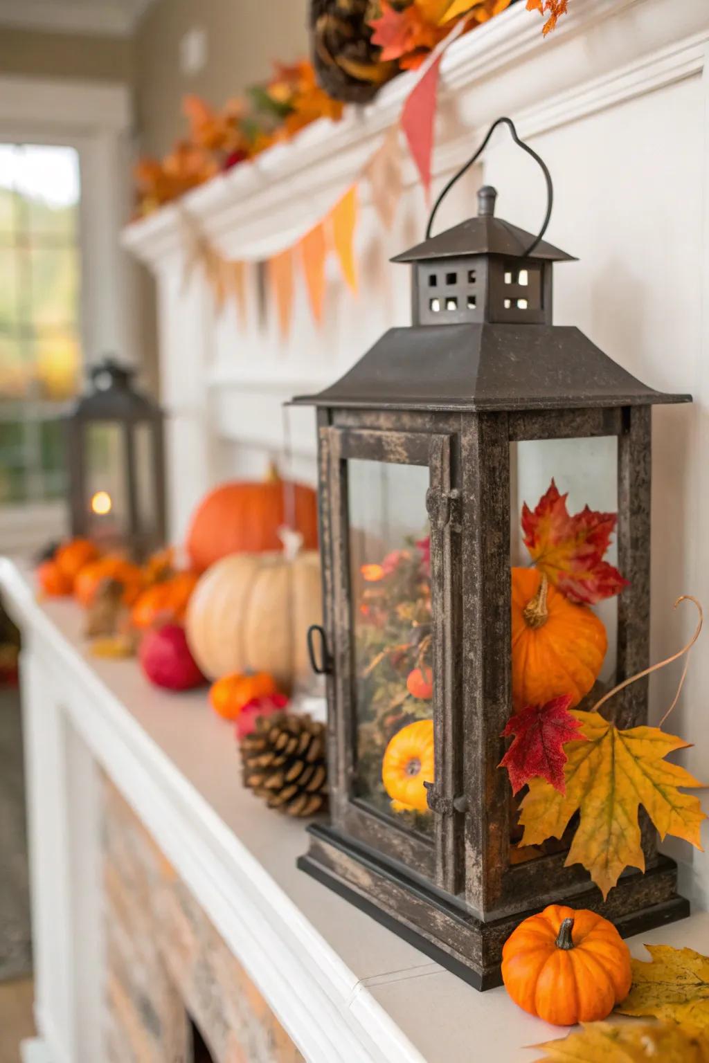 Celebrate the season by lanterns filled with gourds.